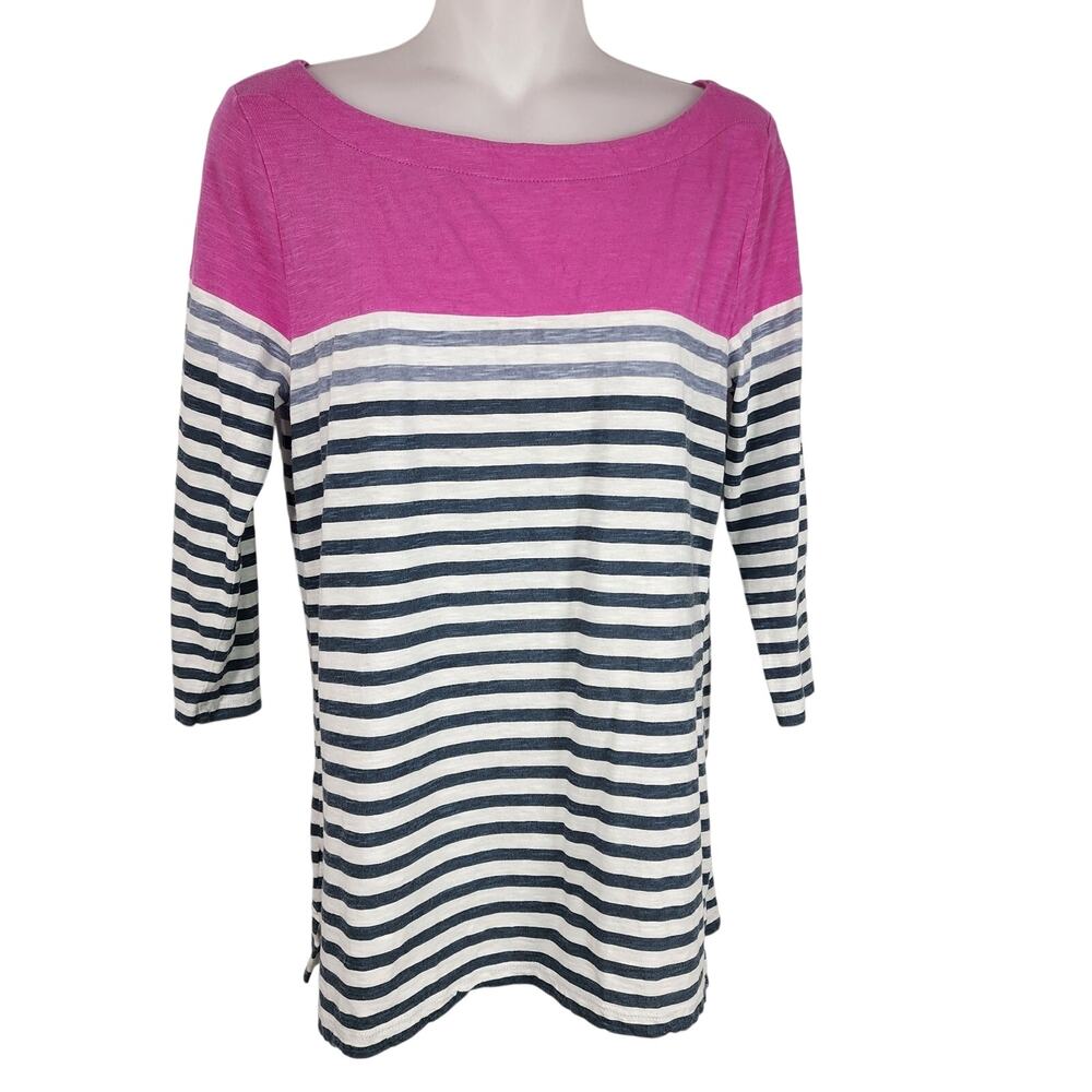 LOFT Womens Top 3/4 Sleeve Colorblock Pink Ivory Gray Stripes Boat Neck Knit S